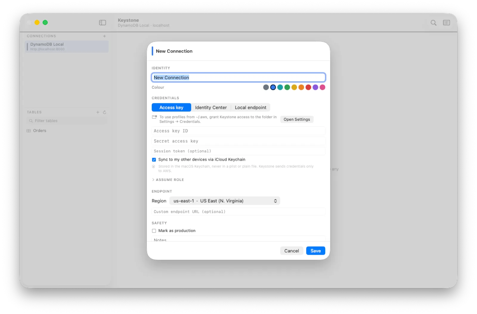 The connection editor on the Mac, with the Access key source selected
