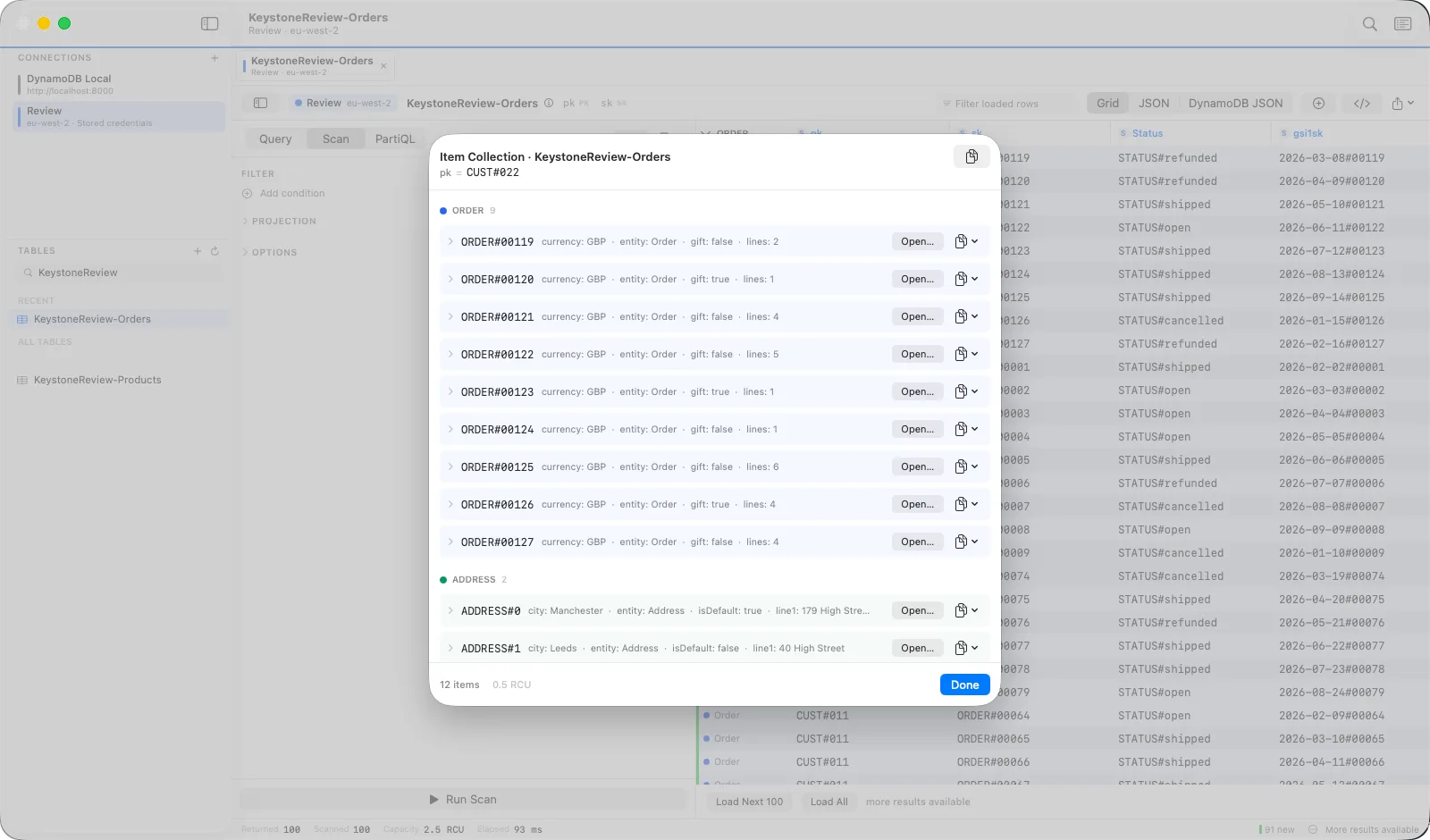 The item collection view for one partition key, grouped into Orders and Addresses