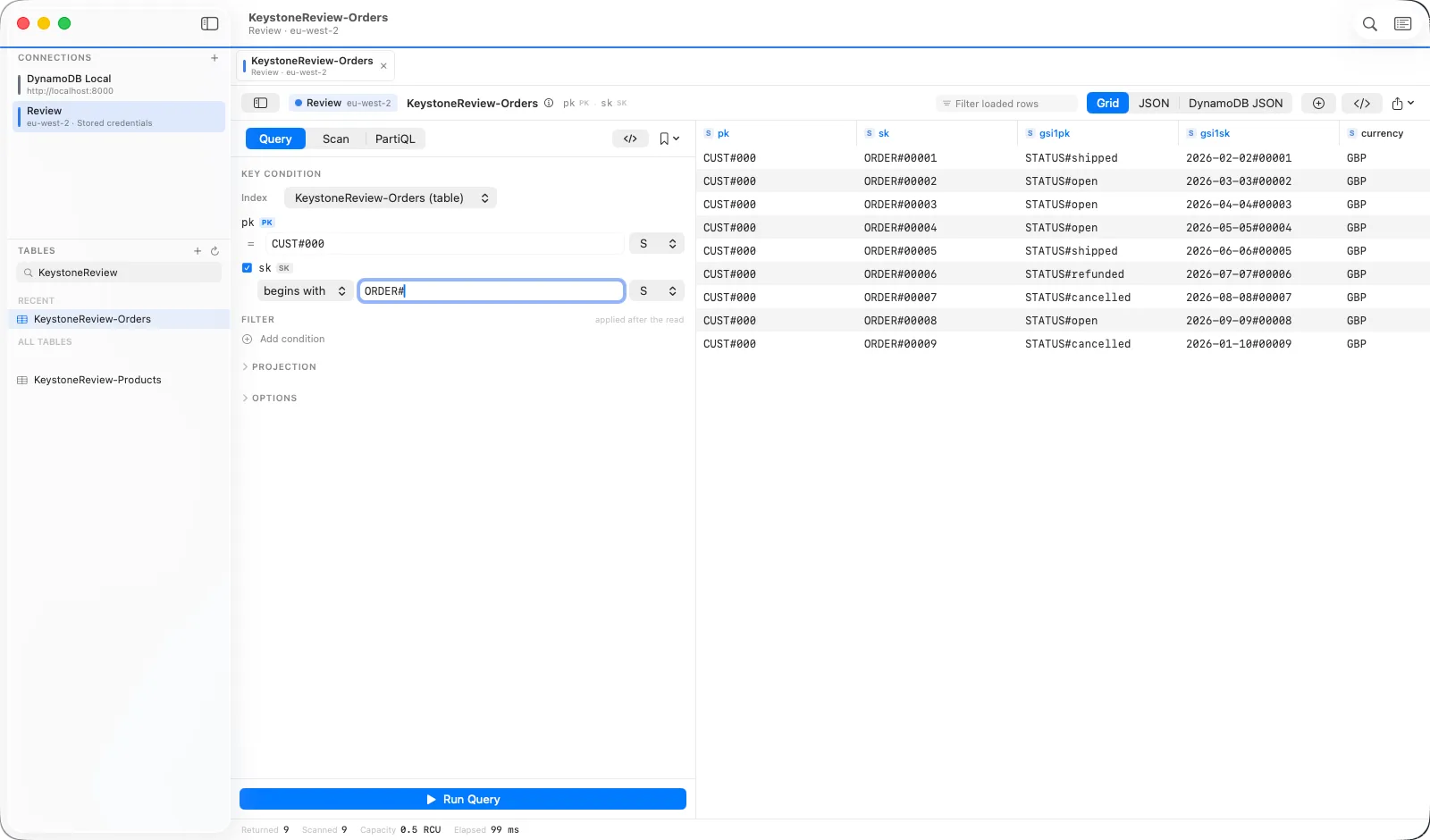 A Query with a partition key value and a sort-key condition, results in the grid