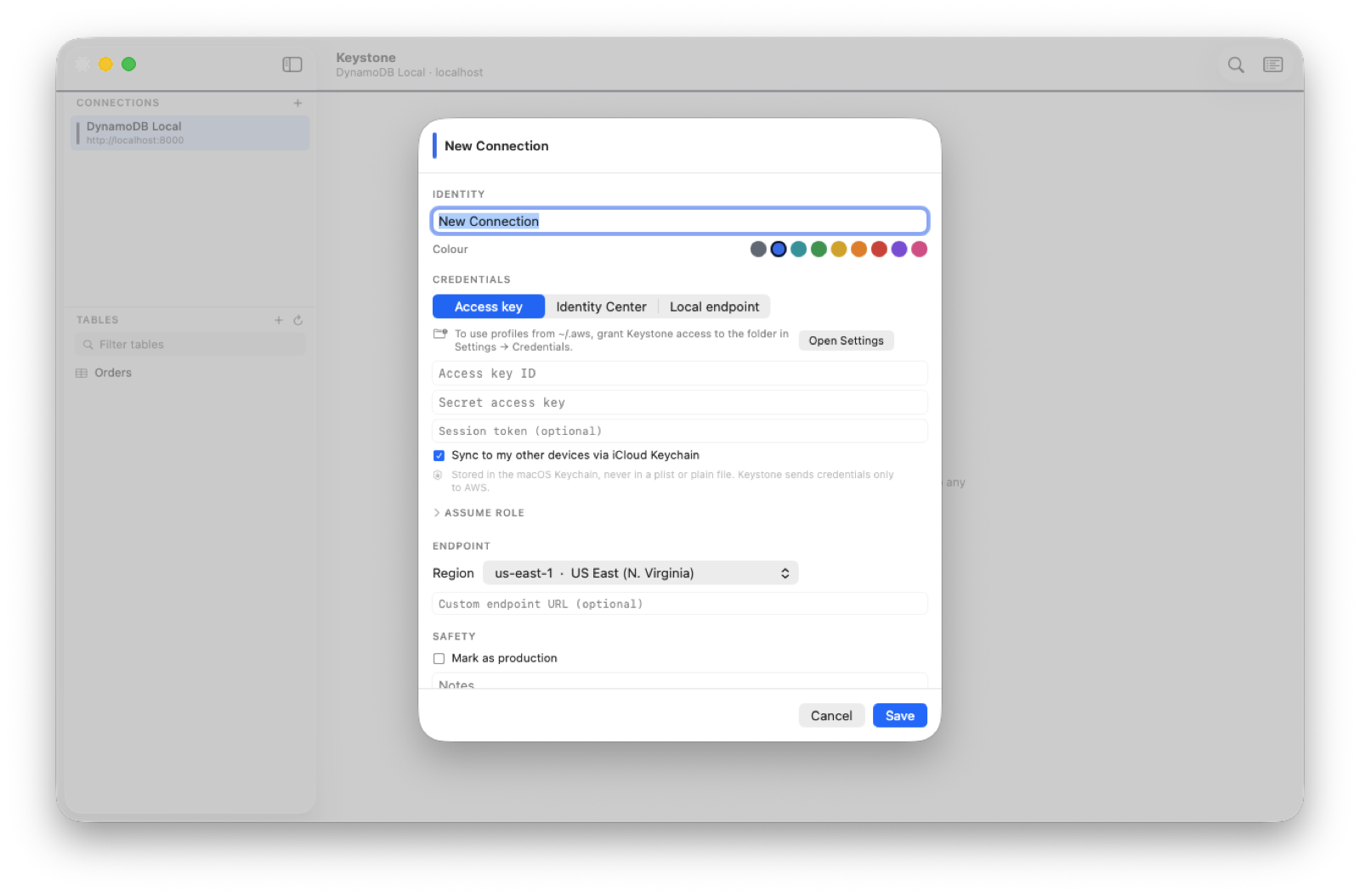 The connection editor on the Mac, with the Access key source selected