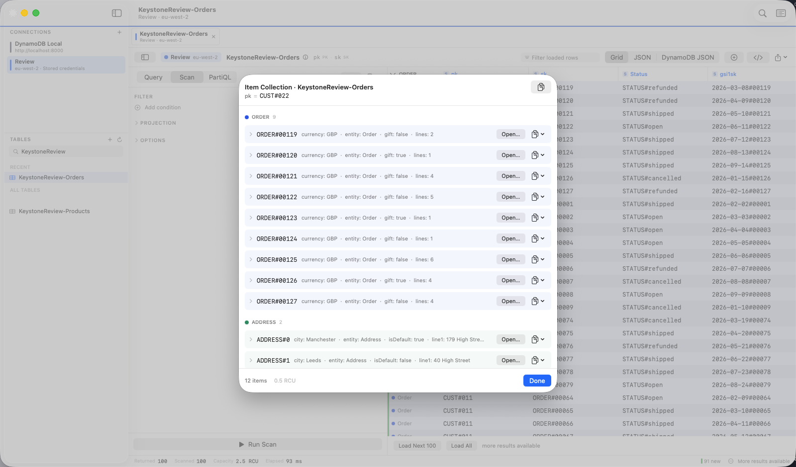 The item collection view listing every item sharing a partition key, grouped by type
