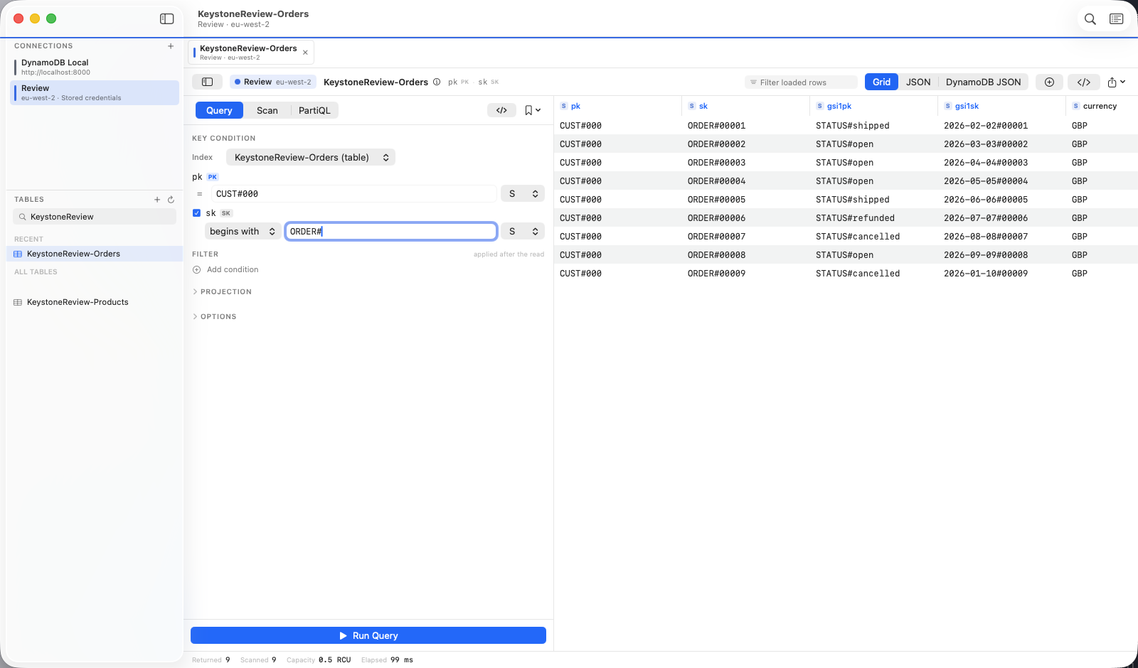 A query with a partition key value and a sort-key condition, with results in the grid